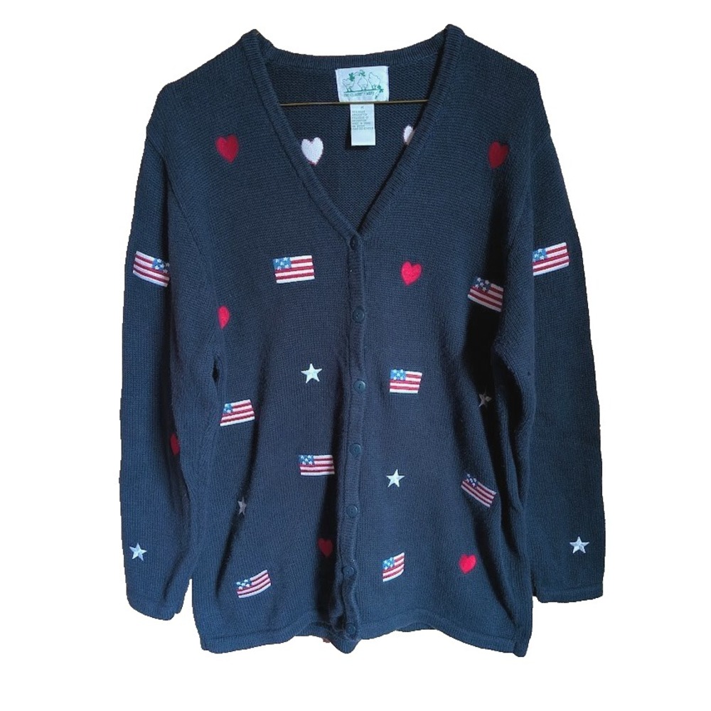 Quacker Factory Women Sweater M Patriotic Embroidered Heart Flag Star Classic - Picture 1 of 6